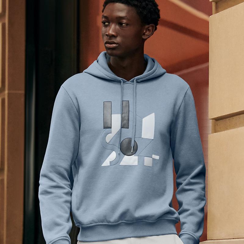 HERMES Blue Cotton Hoodie Long Sleeve with Lambskin Leather Patch