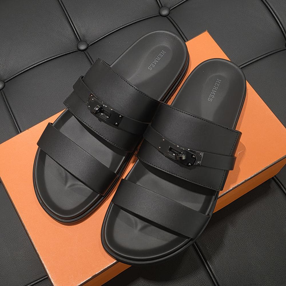 HERMES So Black Calfskin Jackson Sandals for Men