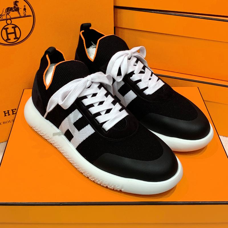 HERMES Crew Sneakers H Knit Goatskin Black White Low-Top Men’s