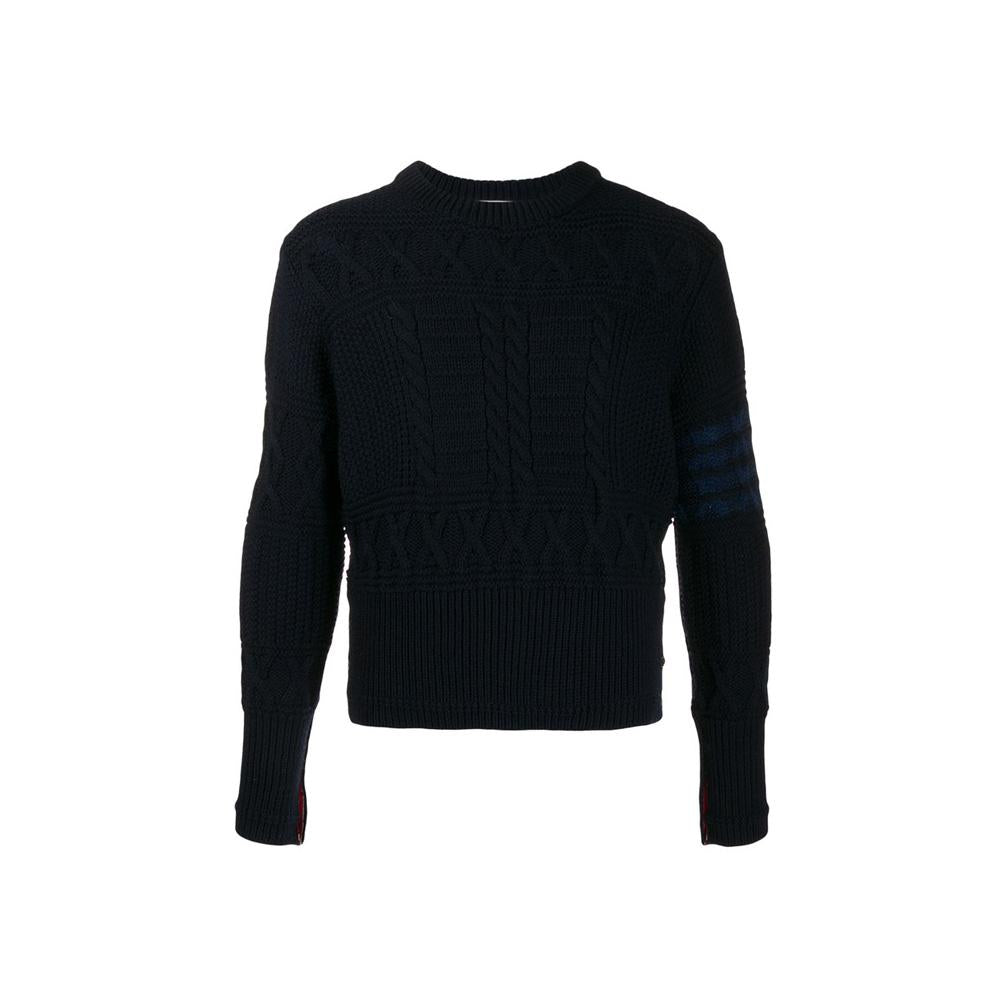 THOM BROWNE Navy Aran Cable Wool Round Neck Knit Sweater MKA304A 00014 415