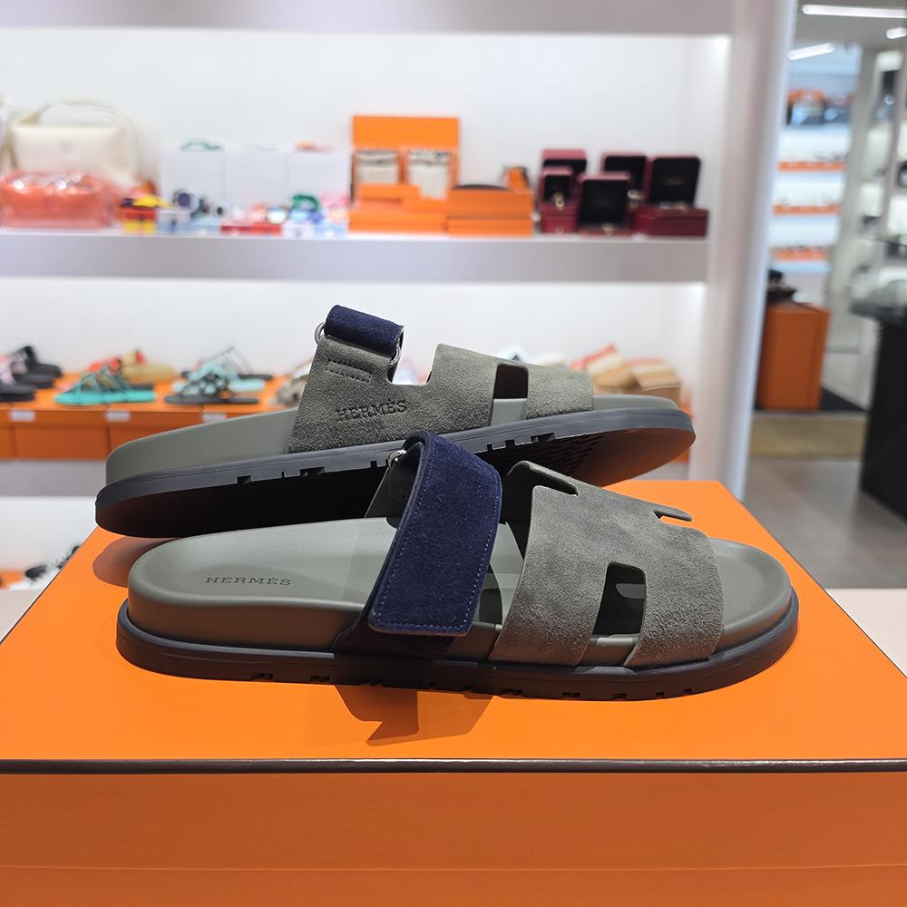 HERMES Men’s Cipre Suede Sandals Khaki Navy