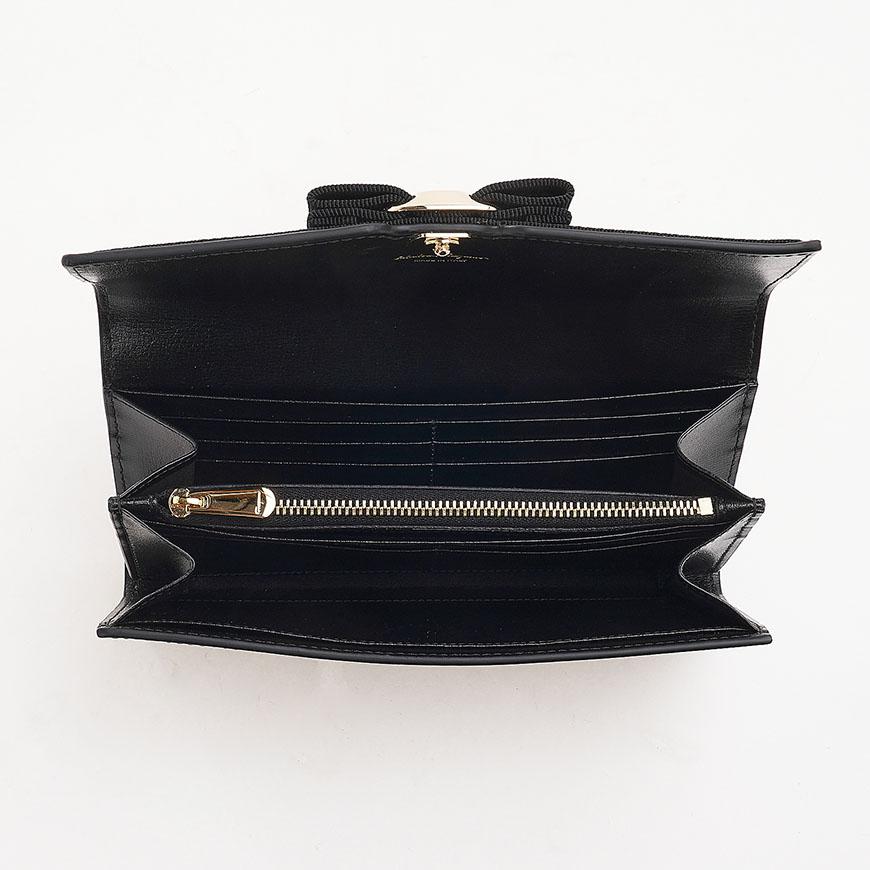 Ferragamo Vara Bow Long Wallet Black Leather Women’s