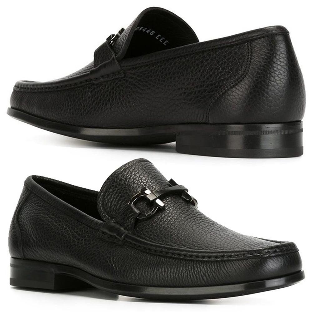 Ferragamo Black Leather Grandioso Double Gancini Loafers Silver-Tone 0642848