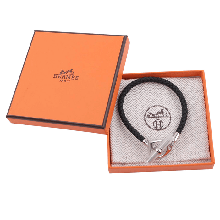 HERMES Etrier Leather Bracelet Noir Unisex Jewelry