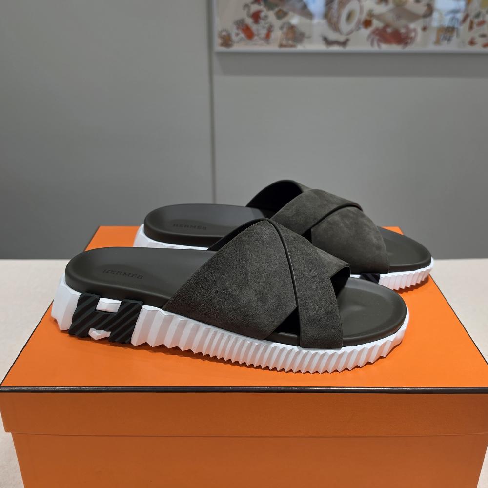 HERMES Men’s Infra Slides Suede Calfskin Khaki H Slippers