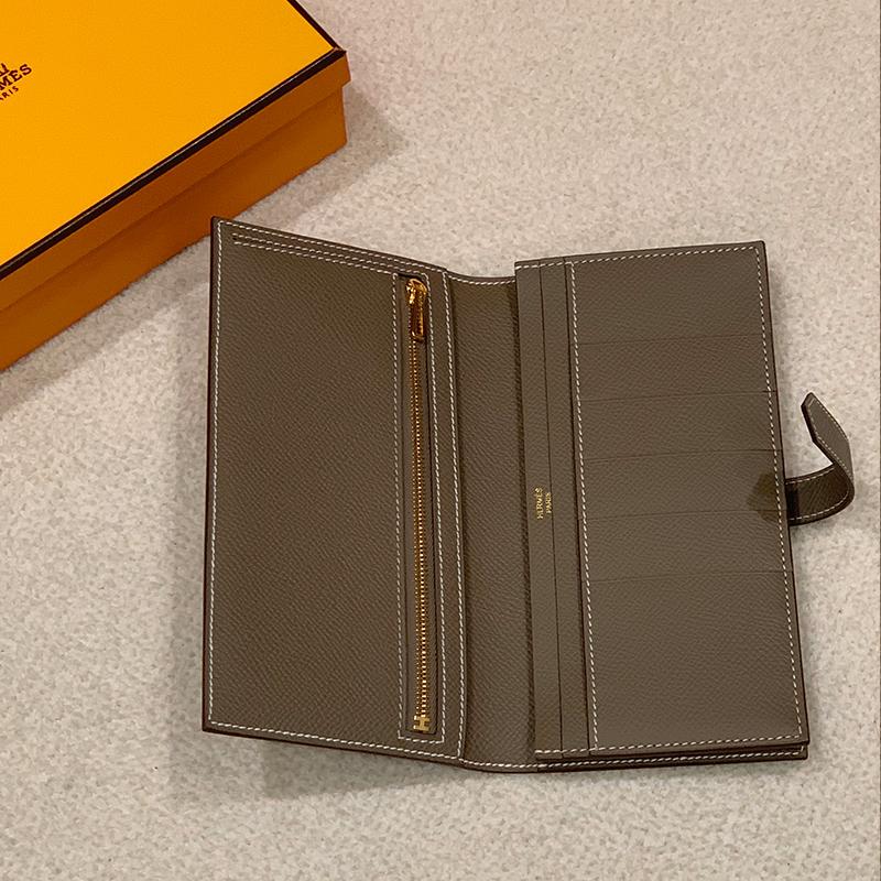 HERMES Etoupe Epsom Calfskin Béarn Long Wallet Gold Hardware