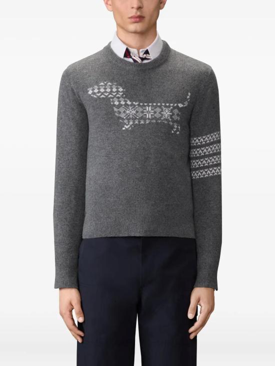 THOM BROWNE Merino Wool Holiday Hector 4-Bar Crewneck Sweater Med Grey