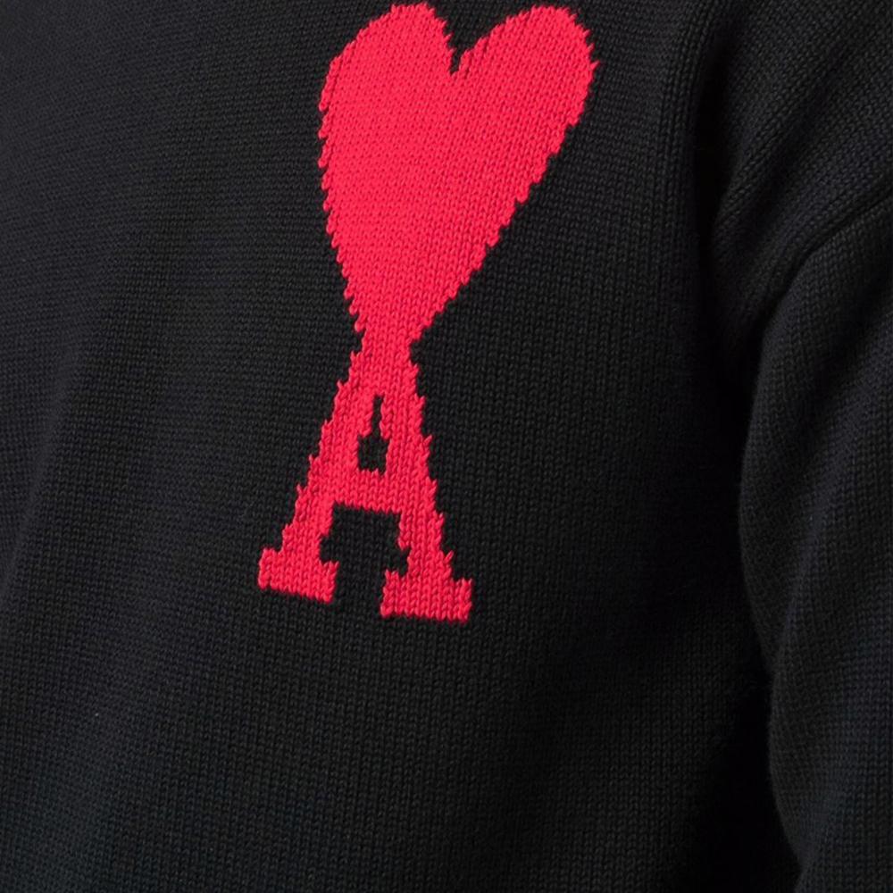 AMI Black Big Heart Logo Embroidered Round Neck Knit Sweater