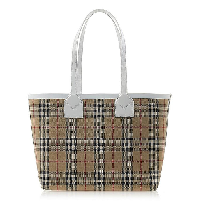 BURBERRY Medium London Tote Bag Beige Canvas Leather Trim