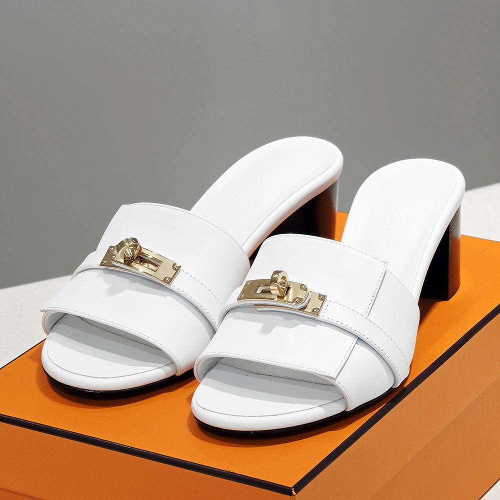 HERMES Kelly Buckle Jiji Mule Sandals White Gold-Tone Hardware