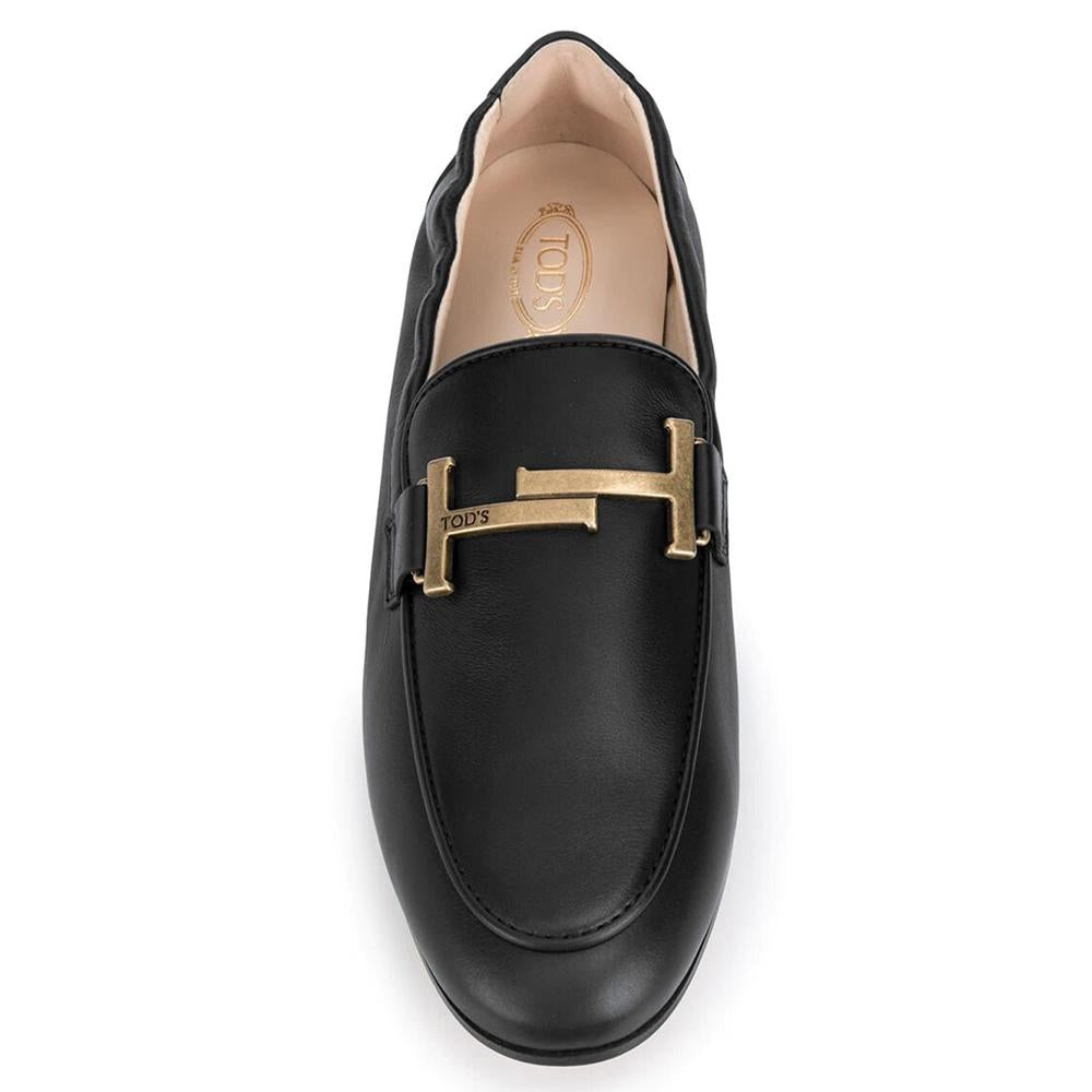 Tods Double T Gold Hardware Leather Loafers Black Women’s