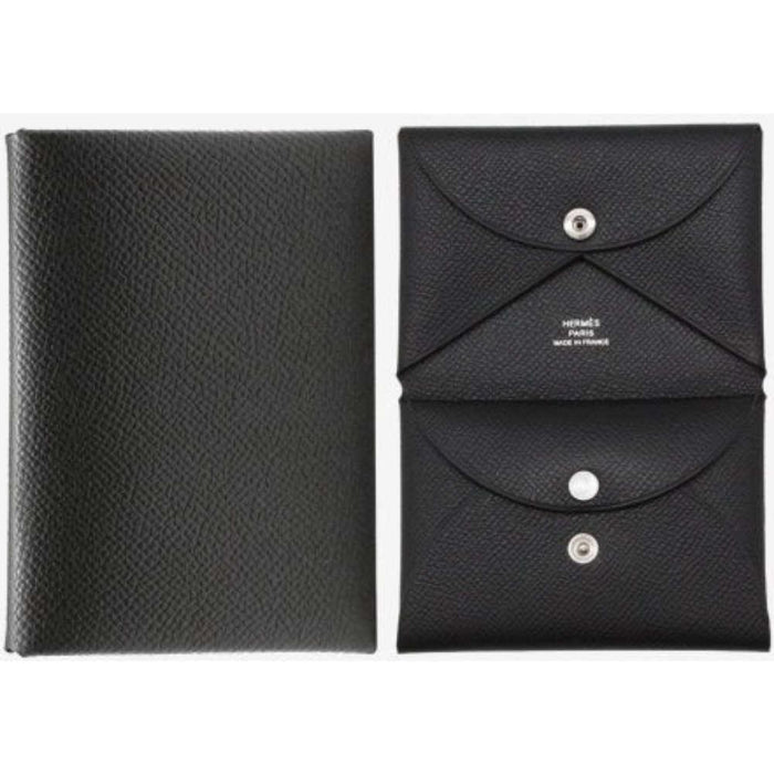 HERMES Calvi Duo Card Wallet Epsom Leather Palladium Noir