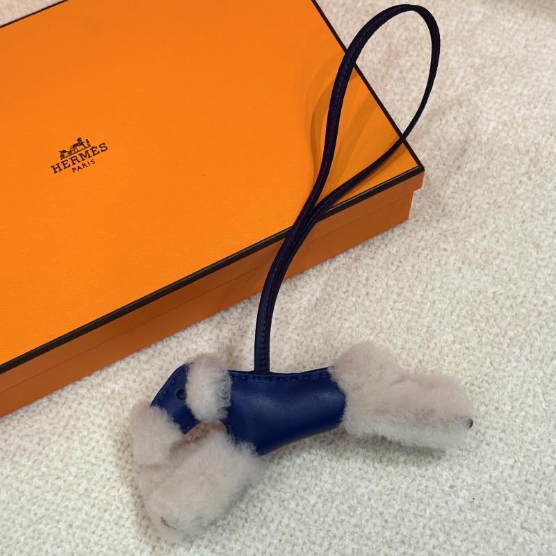HERMES Dog Charm Merino Wool Milo Blue Keyring Unisex Accessory