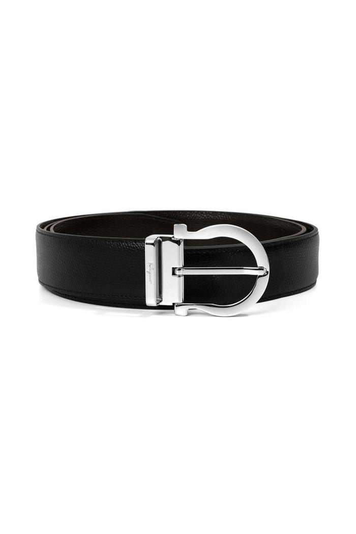 Ferragamo Men’s Leather Belt Black Reversible Silver Buckle 0675140