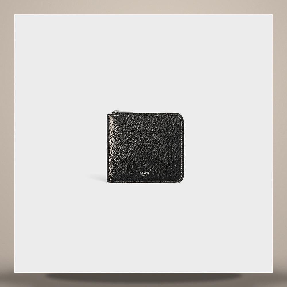CELINE Bifold Zip Wallet Grain Calfskin Black Card Holder 10J613BEN 38SI