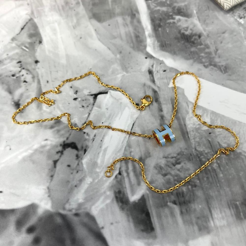 HERMES Mini Pop H Necklace Blue Polar Yellow Gold