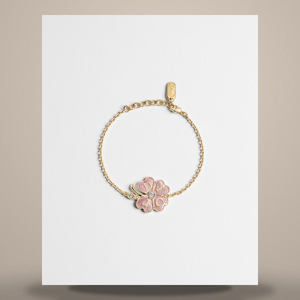 DIOR Floral Clover Bracelet Pale Gold Metal Crystal Shiny Pink L B3532WOMLQ D216