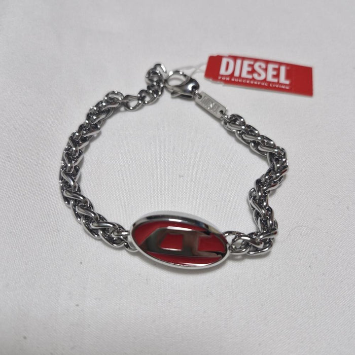 DIESEL Red Enamel Stainless Steel Chain Bracelet Silver