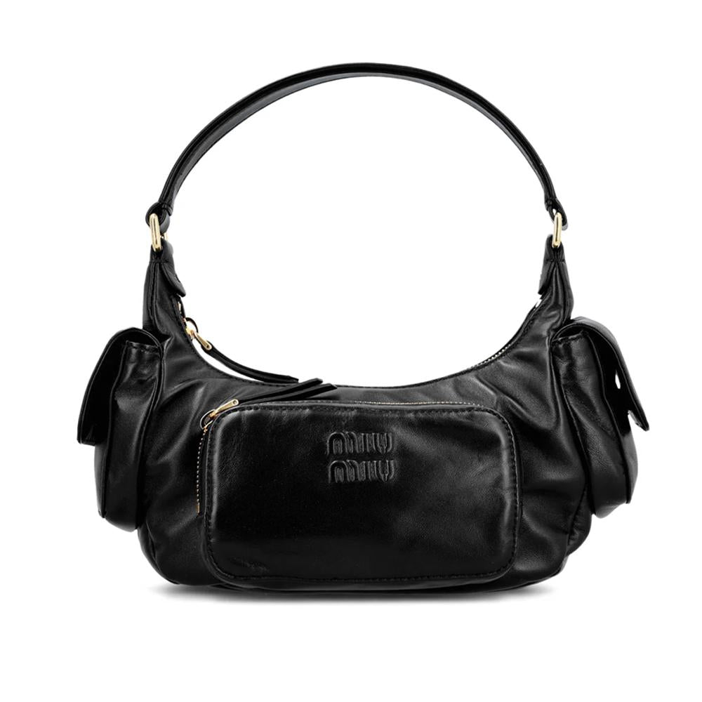 Miu Miu Nappa Leather Embossed Logo Shoulder Bag Black