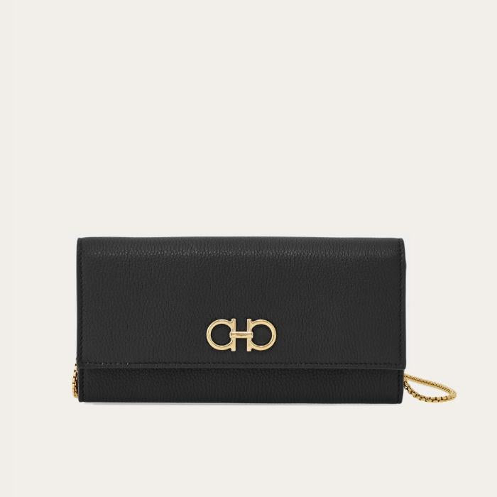 Ferragamo Black Leather Gancini Chain Wallet Long Wallet Crossbody