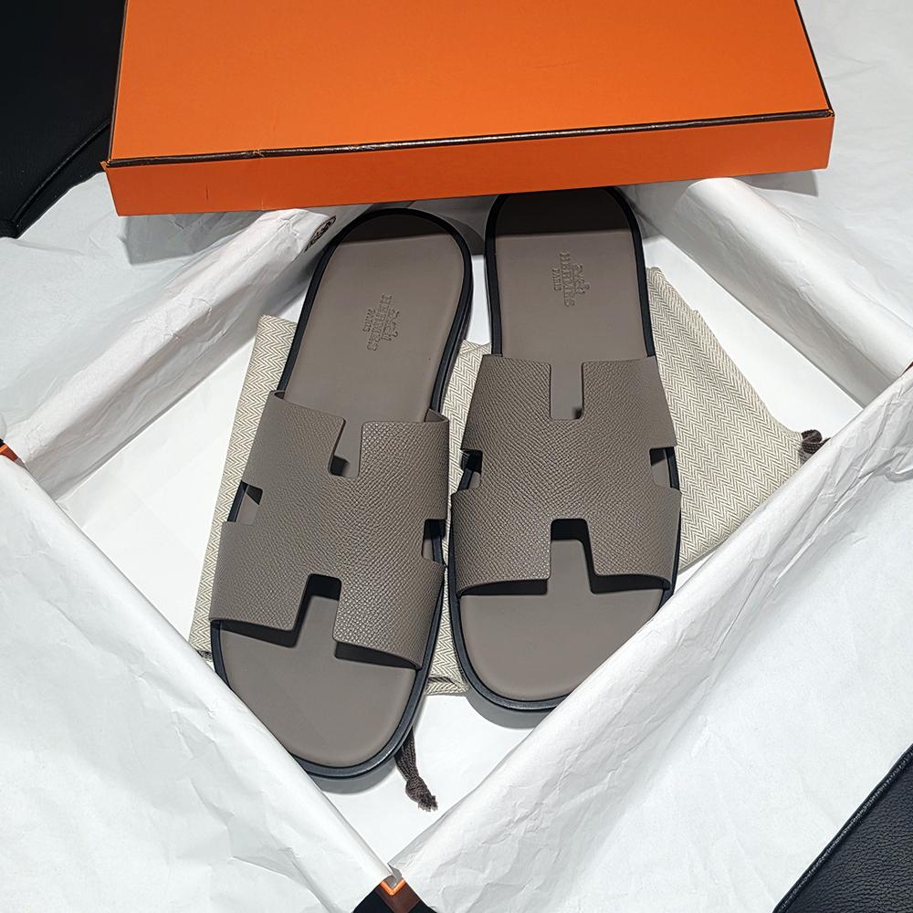 HERMES Men Izmir Slide Sandals Etoupe Leather Slippers