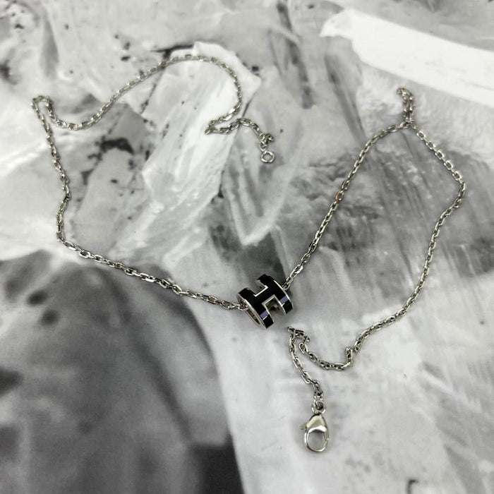 HERMES Mini Pop H Pendant Necklace Black Silver