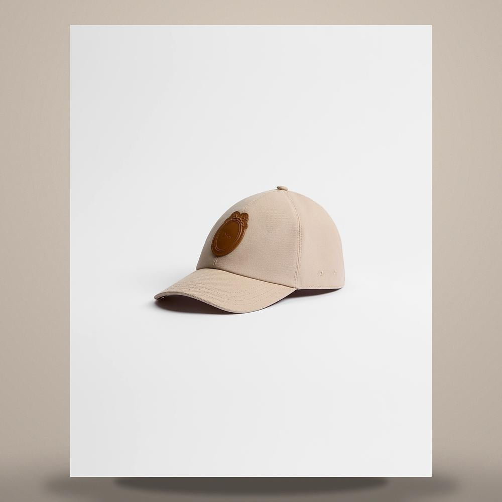 DIOR Beige Cotton Canvas Cap with Brown Calfskin Medallion Deco CPC00200ECLMC101