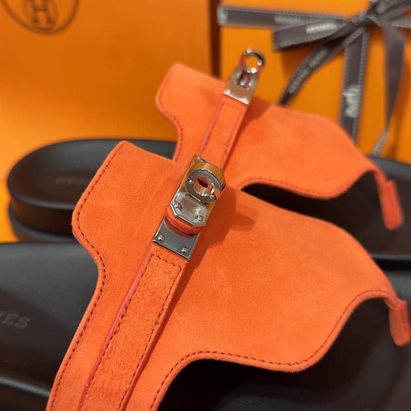 HERMES Empire Kelly Buckle Suede Goatskin Orange Silver Sandals