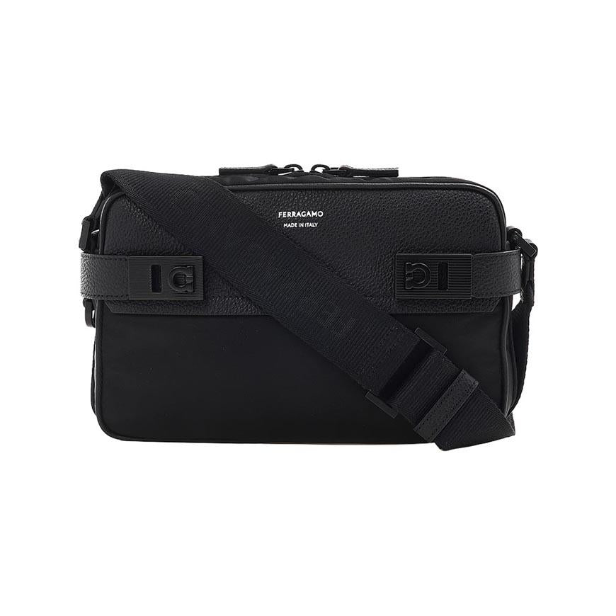 Ferragamo Black Leather HUG Buckle Messenger Bag for Men