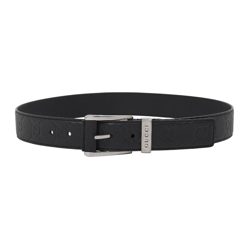 GUCCI Men’s Embossed GG Buckle Leather Belt Black