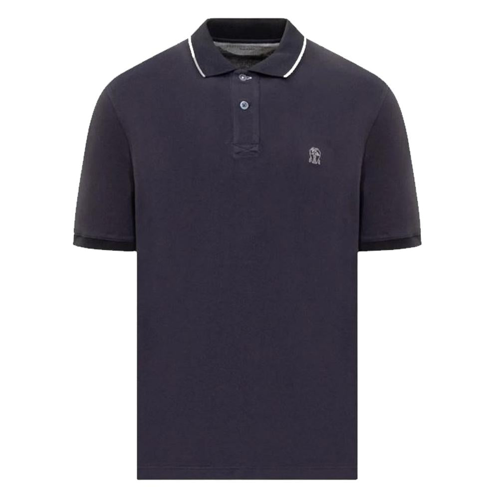 Brunello Cucinelli Navy Embroidered Logo Contrast Collar Polo Shirt