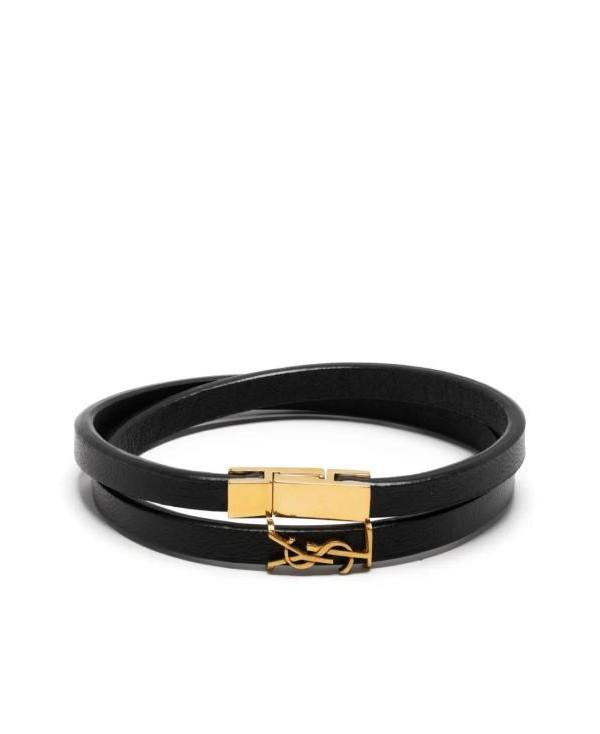 Saint Laurent Cassandre Double Wrap Bracelet Black Calfskin Leather