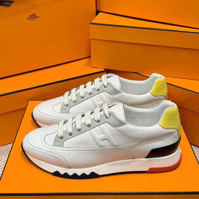 HERMES Men’s Calfskin Trail Sneakers White Yellow Multi Low-Top