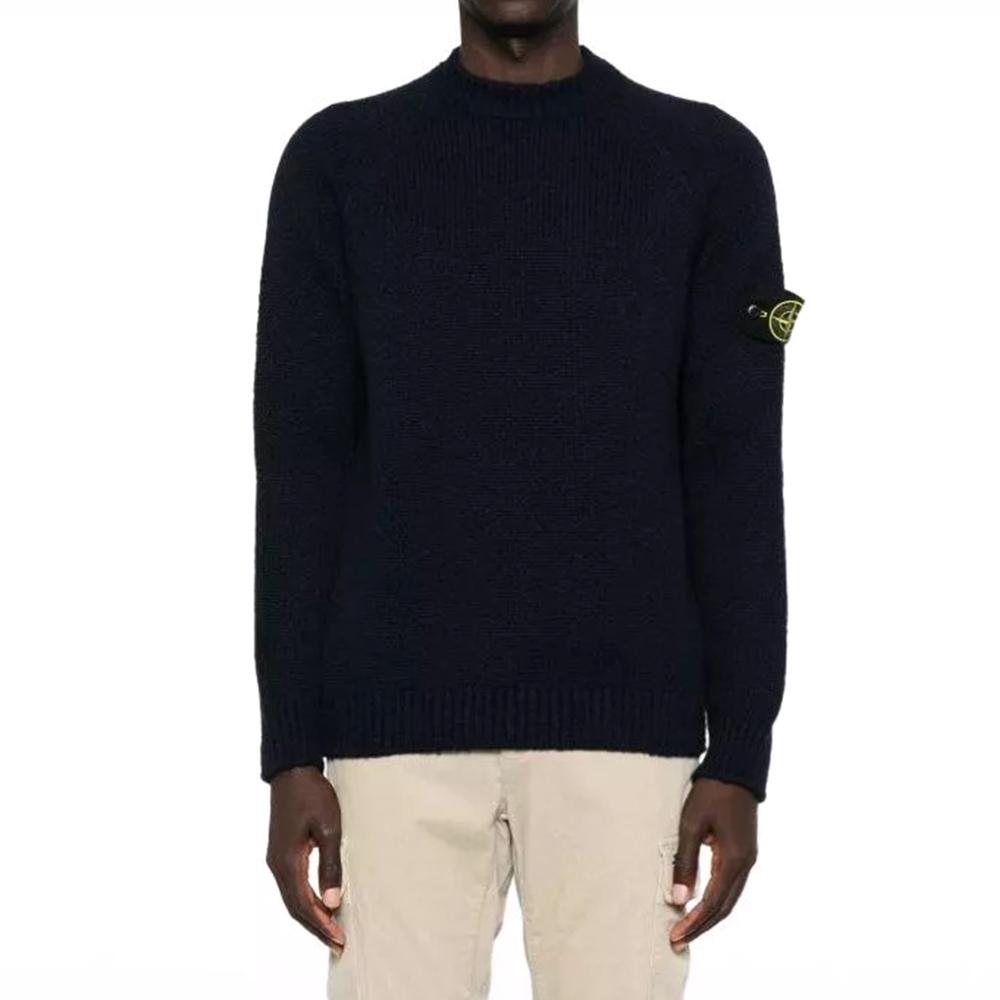 STONE ISLAND Navy Fancy Yarn Wool Raglan Crewneck Sweater Men