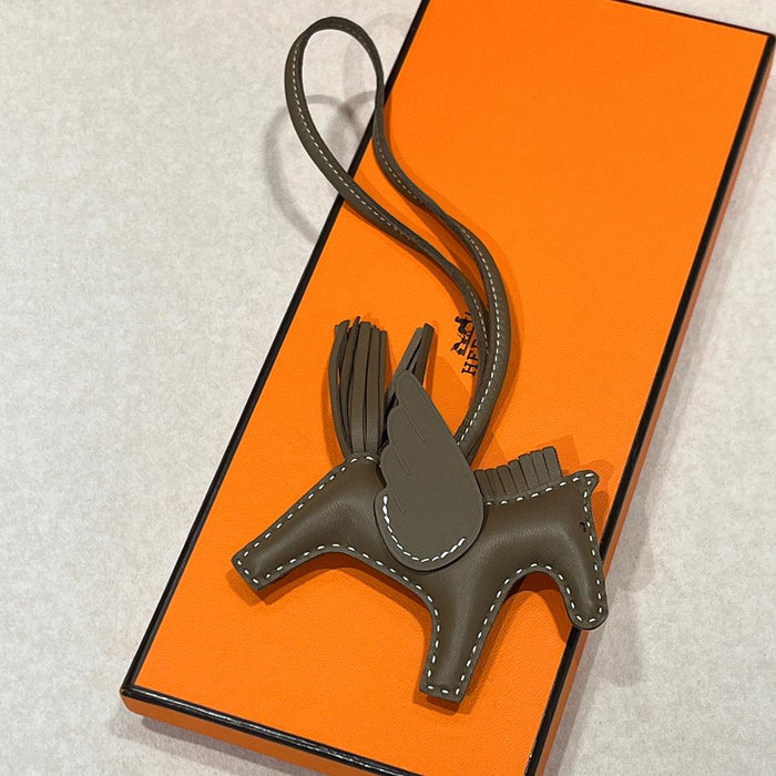 HERMES Rodeo Pegasus PM Charm Etoupe White Stitch Calfskin Lambskin Keyring