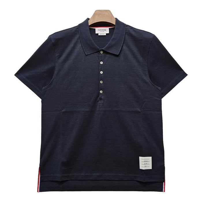 THOM BROWNE Relaxed Side-Slit Polo Shirt Navy Cotton