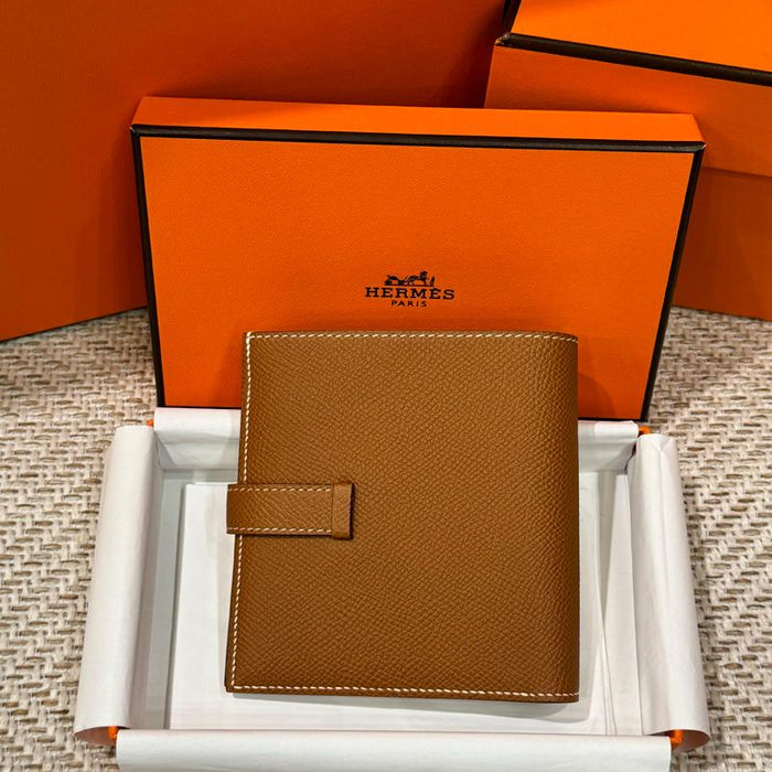 HERMES Brown Epsom Leather Béarn Compact Wallet Gold Clip Unisex