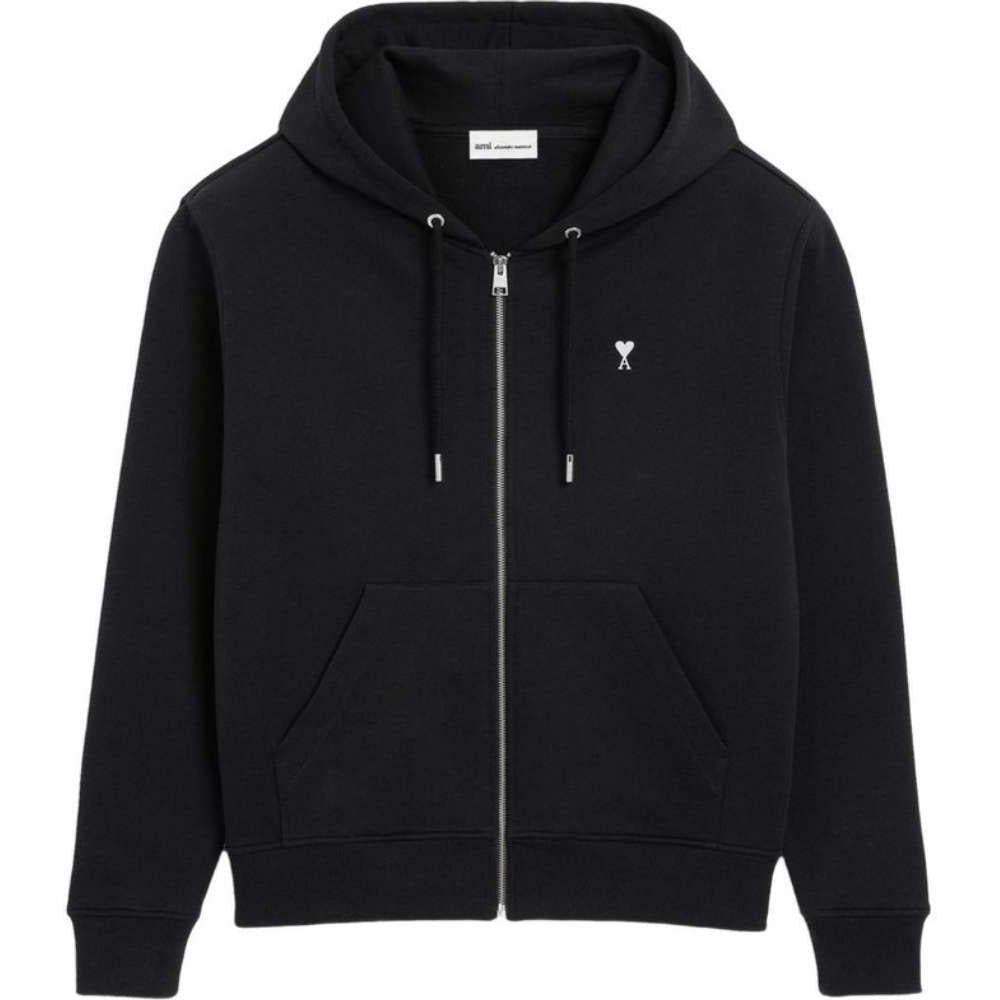 AMI White Heart Logo Black Zip-Up Hoodie Unisex Clothing