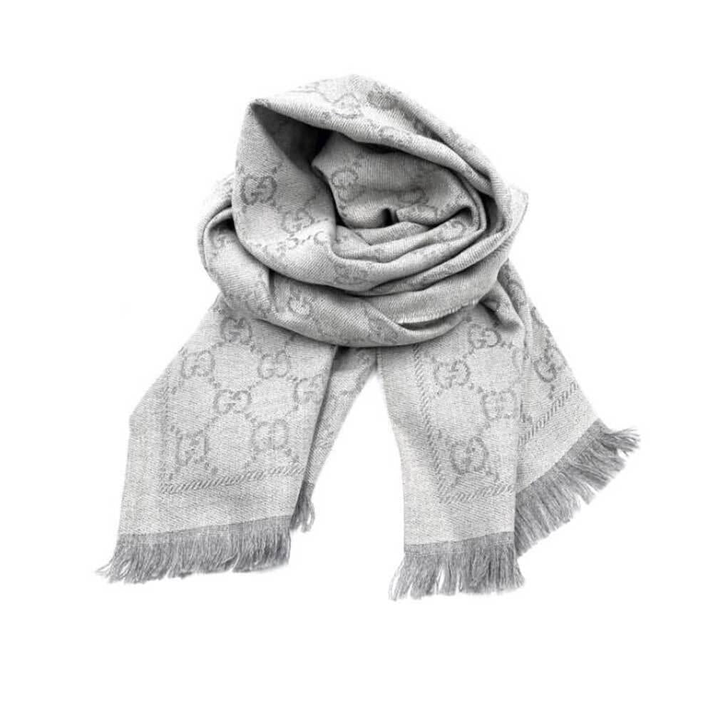 GUCCI GG Logo Wool Scarf Unisex Gray