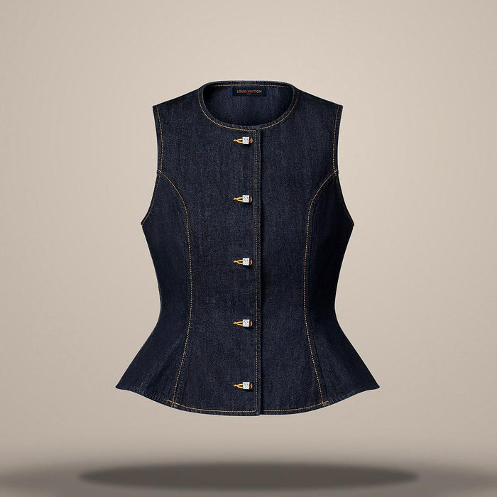 Louis Vuitton Women's Indigo Blue Denim Signature Button Blouse 1AKEIH