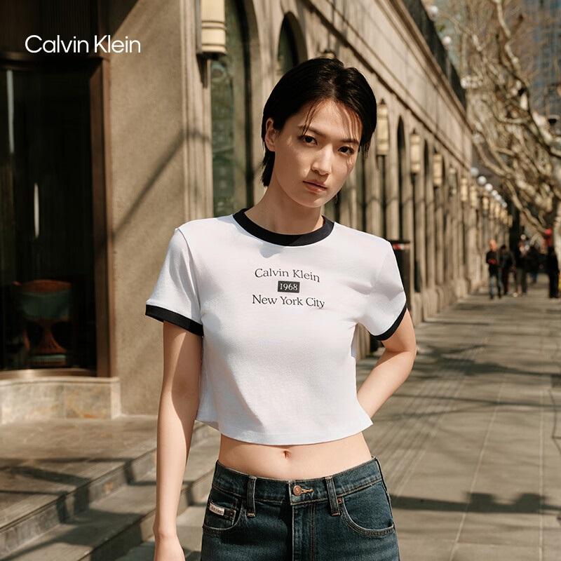 Calvin Klein Women’s Ringer Lettering Crop Short Sleeve T-Shirt White