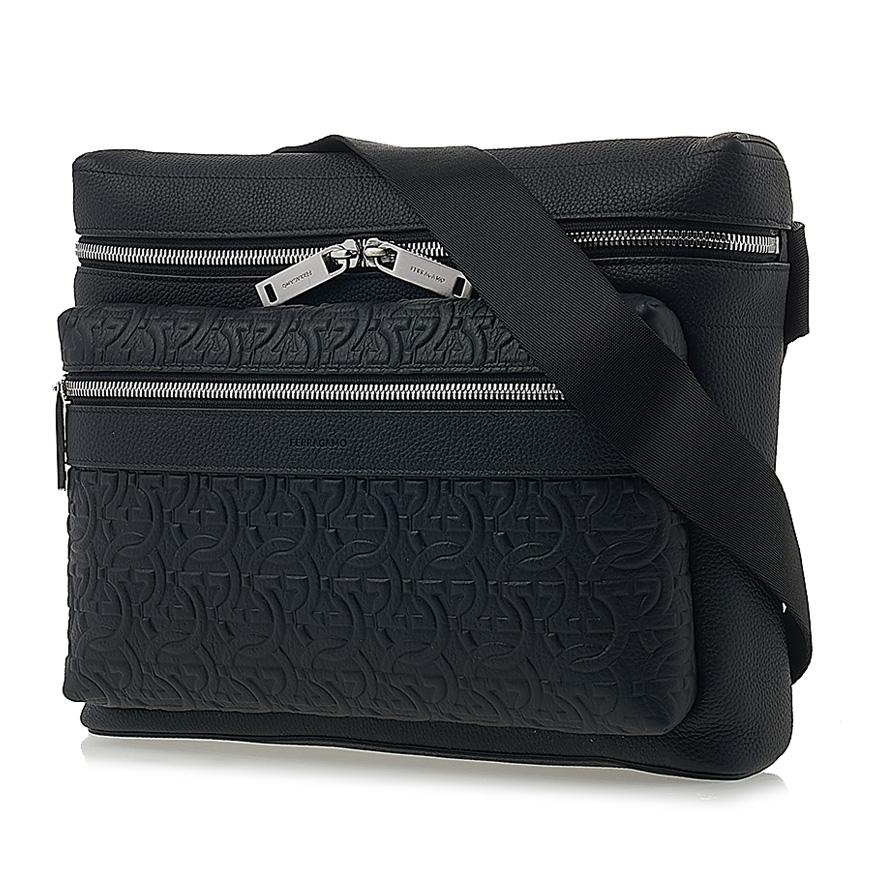 Ferragamo Men's Gancini Pattern Leather Crossbody Bag 24 1303 NERO 0763368
