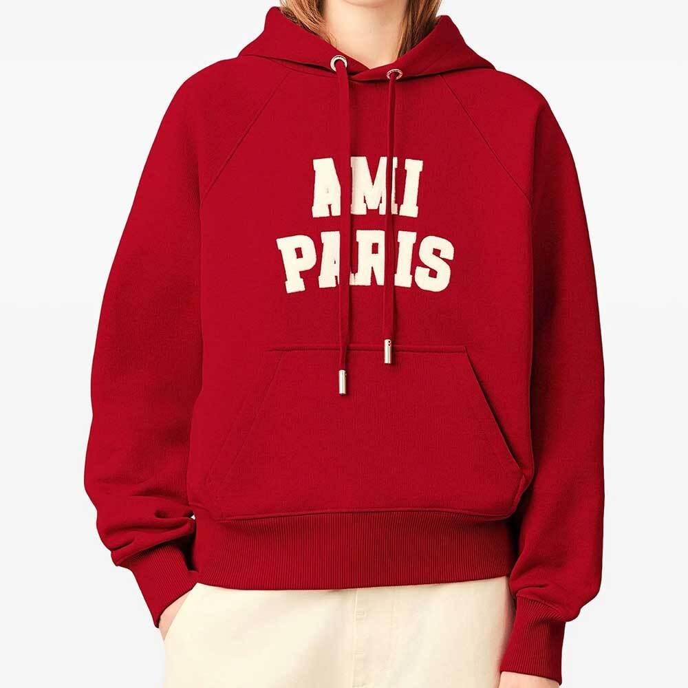 AMI Paris Logo Embroidered Red Men's Hoodie