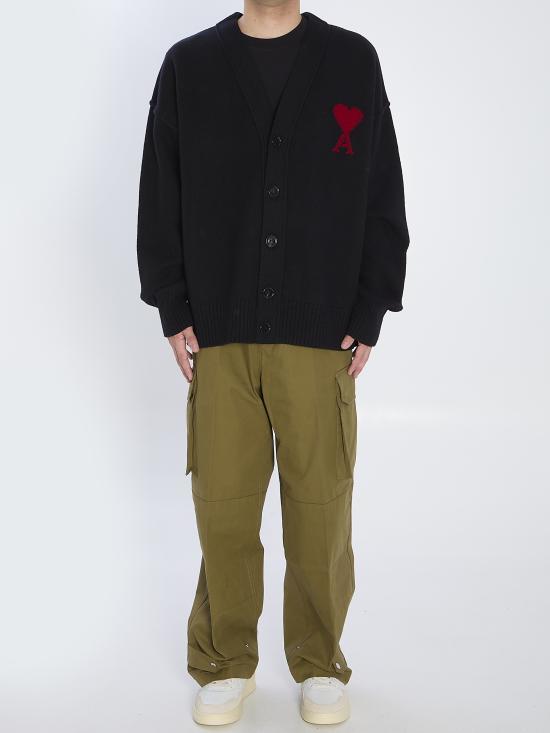 AMI Heart Logo Intarsia V-Neck Cardigan