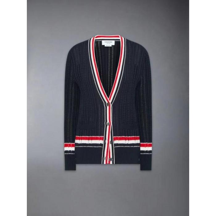 THOM BROWNE RWB Stripe Baby Leather Cable Knit Sweater FKC706A Y3014 415