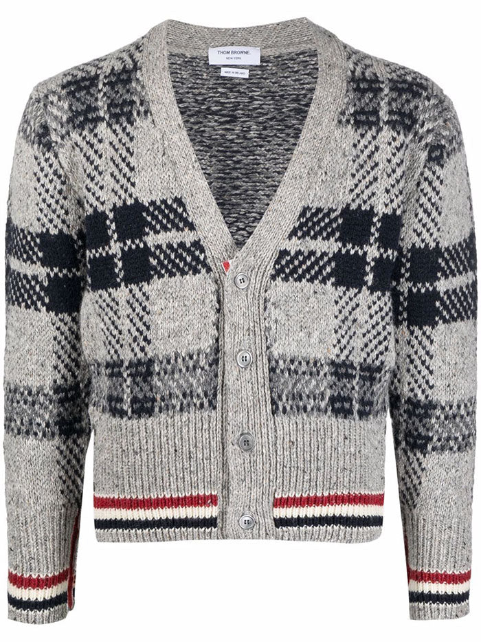 THOM BROWNE Men's Tartan Check Mohair Tricolor Stripe Cardigan MKC431A