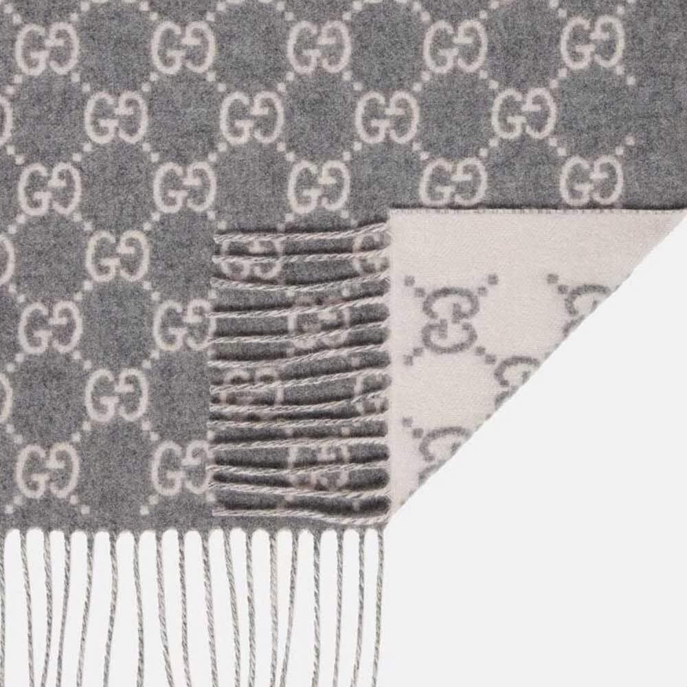 GUCCI GG Logo Cashmere Scarf Unisex Gray Scarf