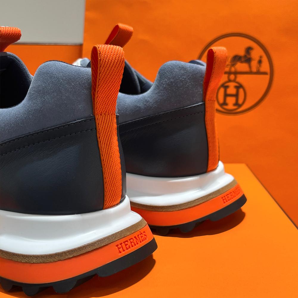 HERMES Men’s Leader Sneakers Epsom Calf Goatskin Suede Gray Blue