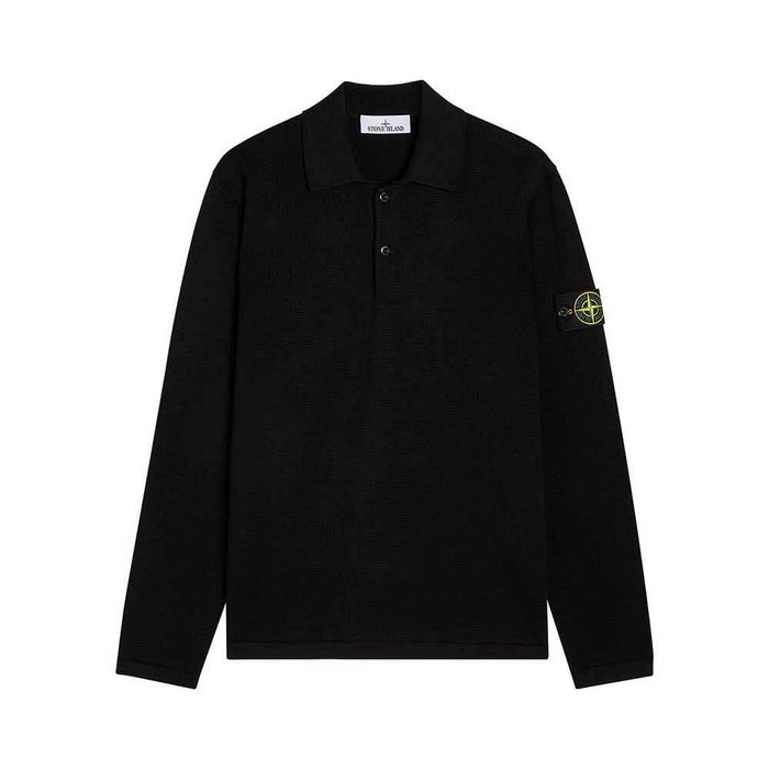 STONE ISLAND Long Sleeve Waffle Polo Shirt Black