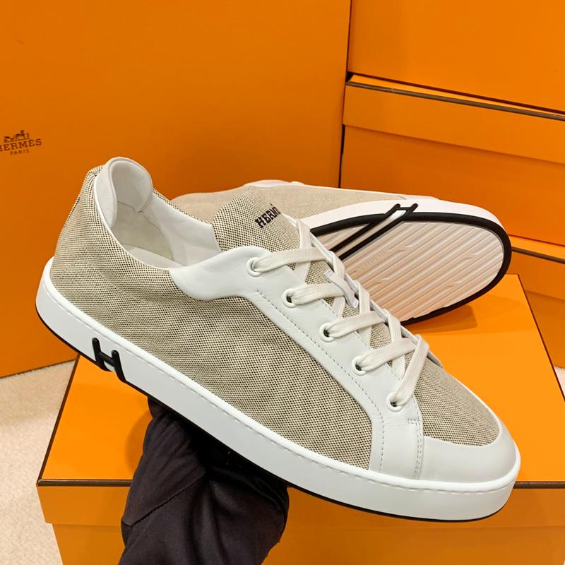 HERMES Brown Canvas Goatskin H Logo Kid Low Top Sneakers
